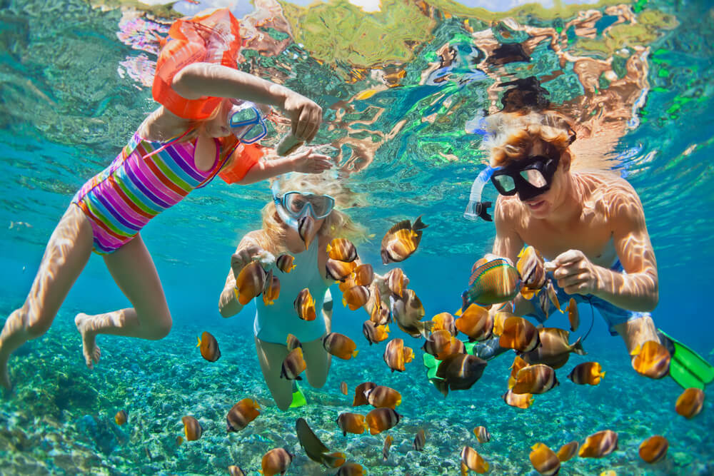 A family snorkeling during their Bahamas spring break vacation to Nassau.