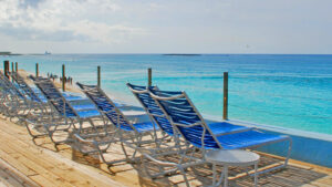 The outdoor deck of a Paradise Island resort to relax on after visiting a waterpark in the Bahamaas.